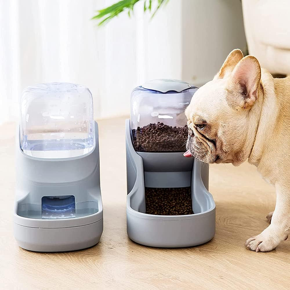 Automatic Cat Feeder and Dog Water Dispenser,Pet Food Bowl, Gravity Food Feeder and Waterer Set for Small Medium Dog Puppy Kitten, Large Capacity 1 Gallon X 2 (Grey)
