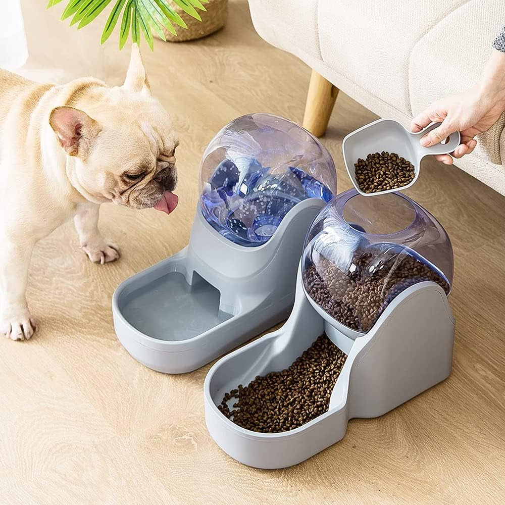 Automatic Cat Feeder and Dog Water Dispenser,Pet Food Bowl, Gravity Food Feeder and Waterer Set for Small Medium Dog Puppy Kitten, Large Capacity 1 Gallon X 2 (Grey)
