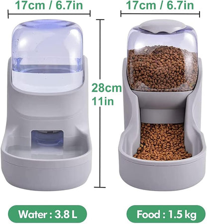 Automatic Cat Feeder and Dog Water Dispenser,Pet Food Bowl, Gravity Food Feeder and Waterer Set for Small Medium Dog Puppy Kitten, Large Capacity 1 Gallon X 2 (Grey)