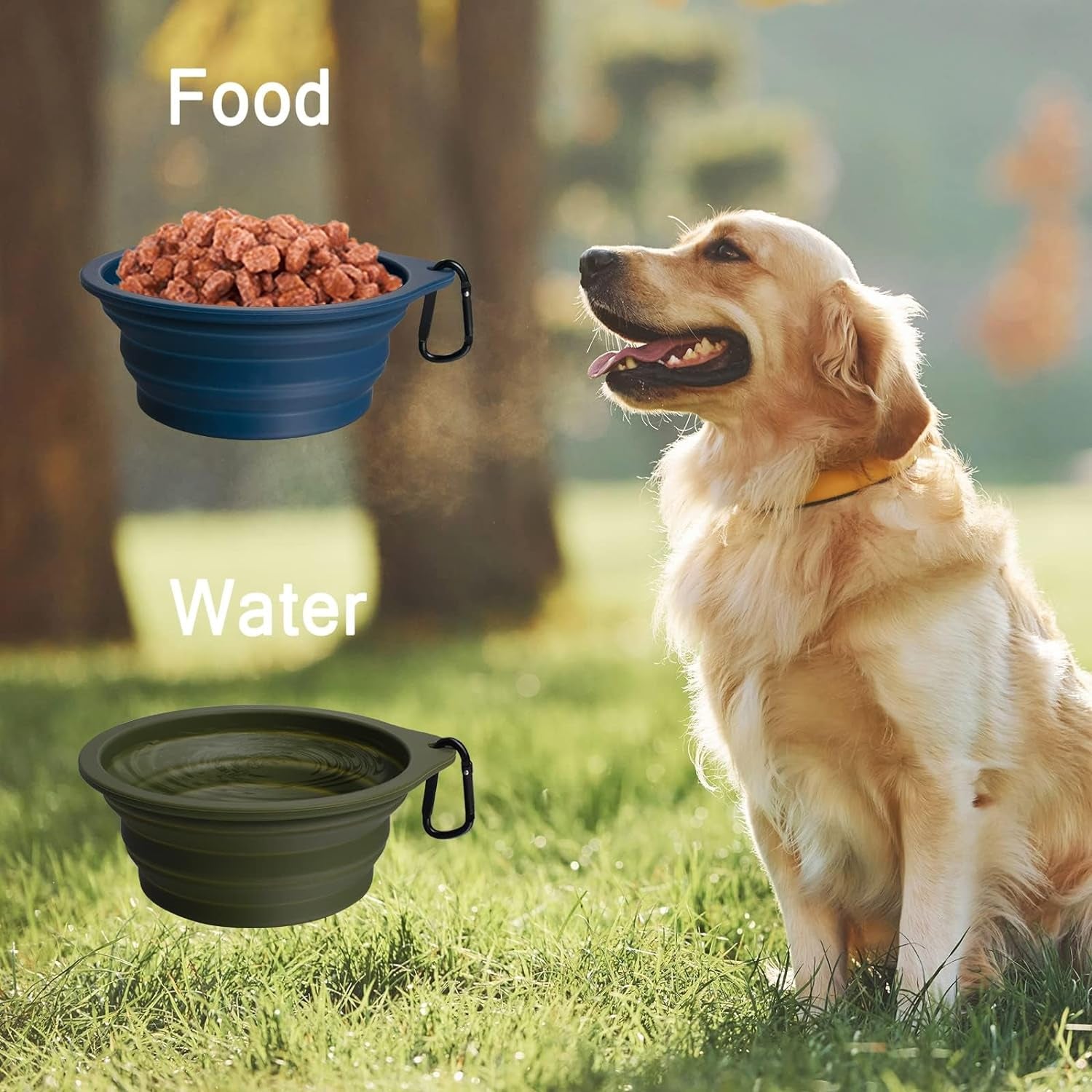 2-Pack Large Silicone Collapsible Dog Bowls, 34Oz/1000Ml BPA Free Portable Foldable Travel Bowl for Pet Cat, Food Water Feeding Dish for Camping with 2 Carabiners (Army Green, Navy Blue)